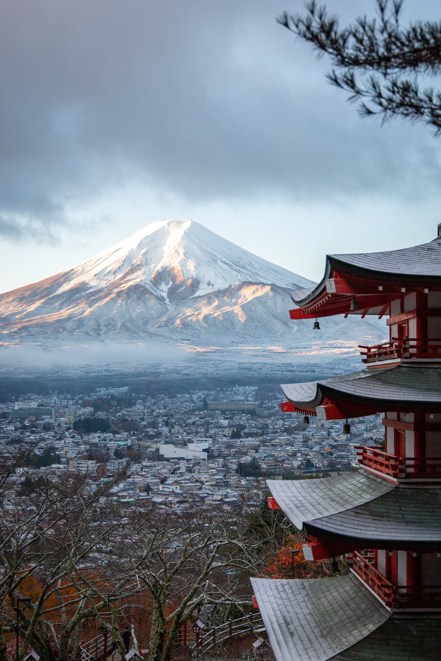 red, grey and brown pagoda temple near mount fuji